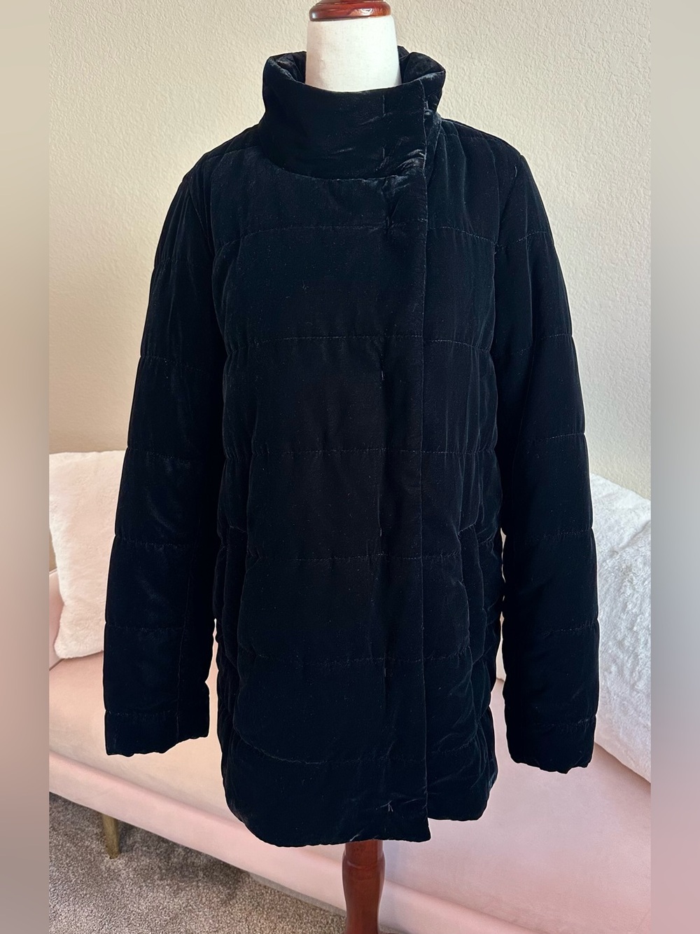 J Jill Jacket Lux Black Velvet Quilted Anorak Pockets Snap Closure Coat Small